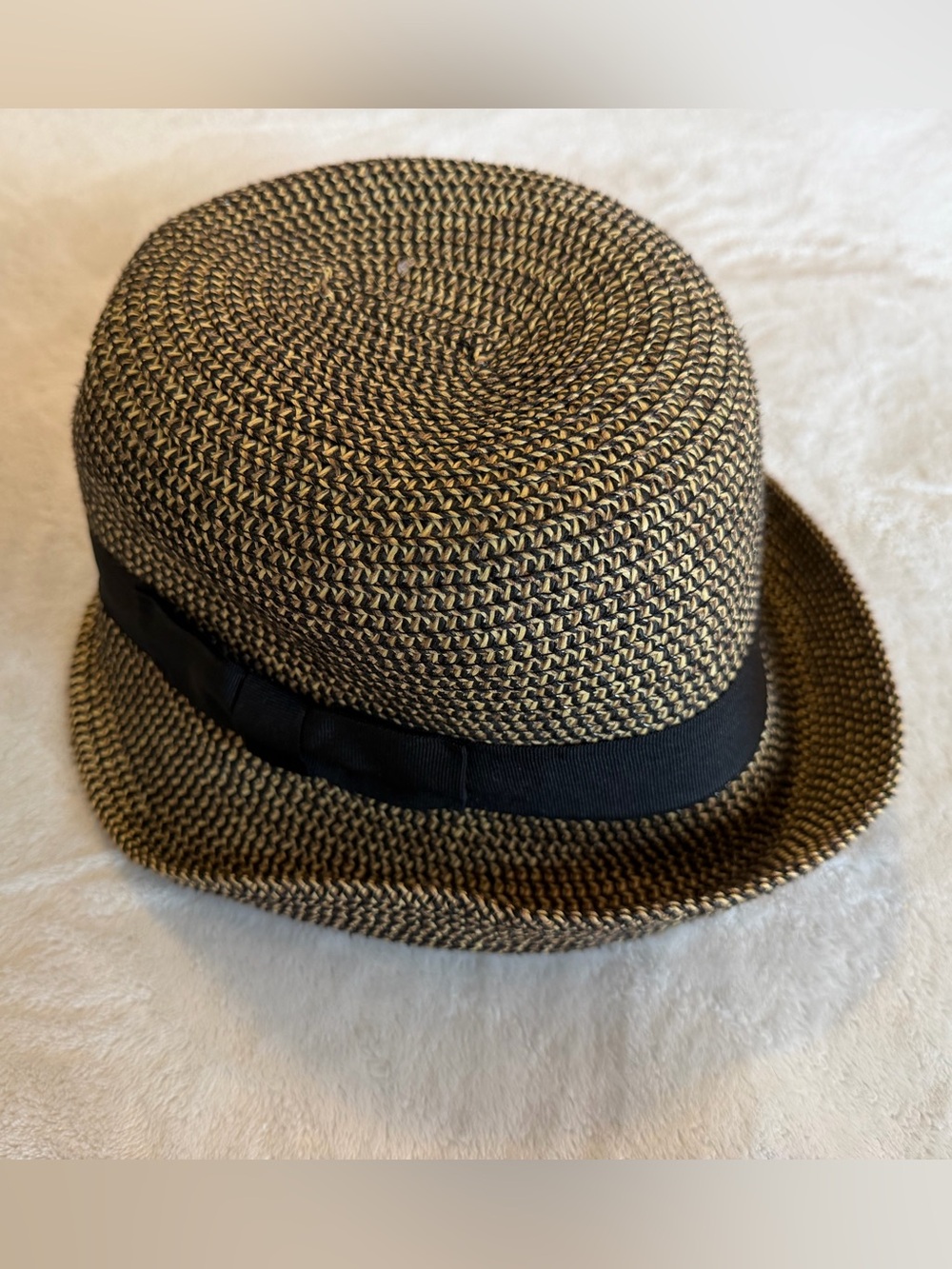 Woven Straw Cloche Hat with Black Ribbon